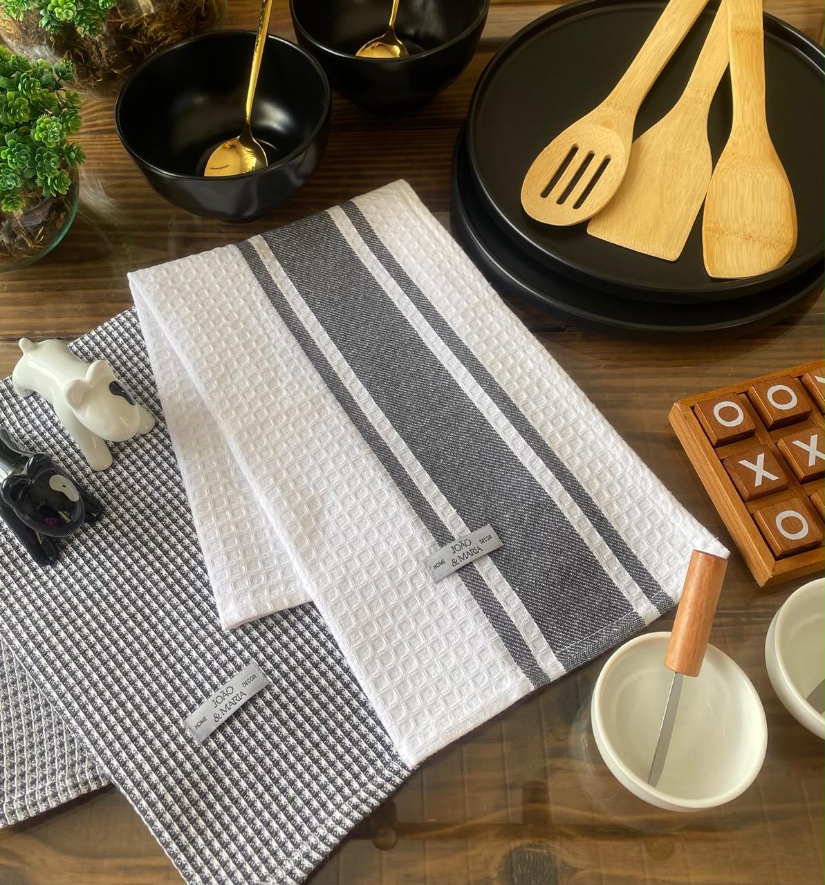 Pano de Louça Cinza e Branco — Estampas Variadas