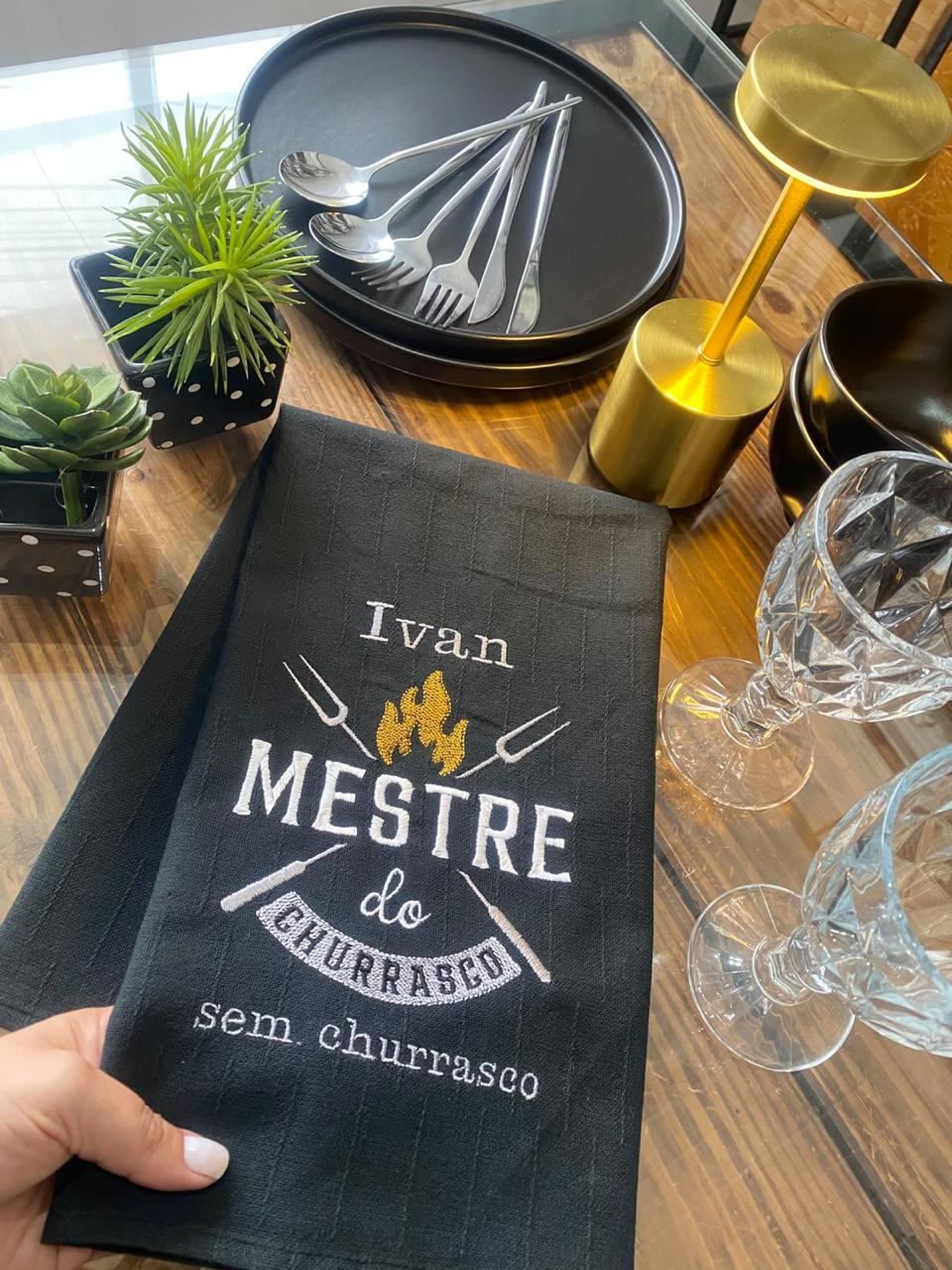 Pano de Louça Preto Gourmet Churrasco Bordado